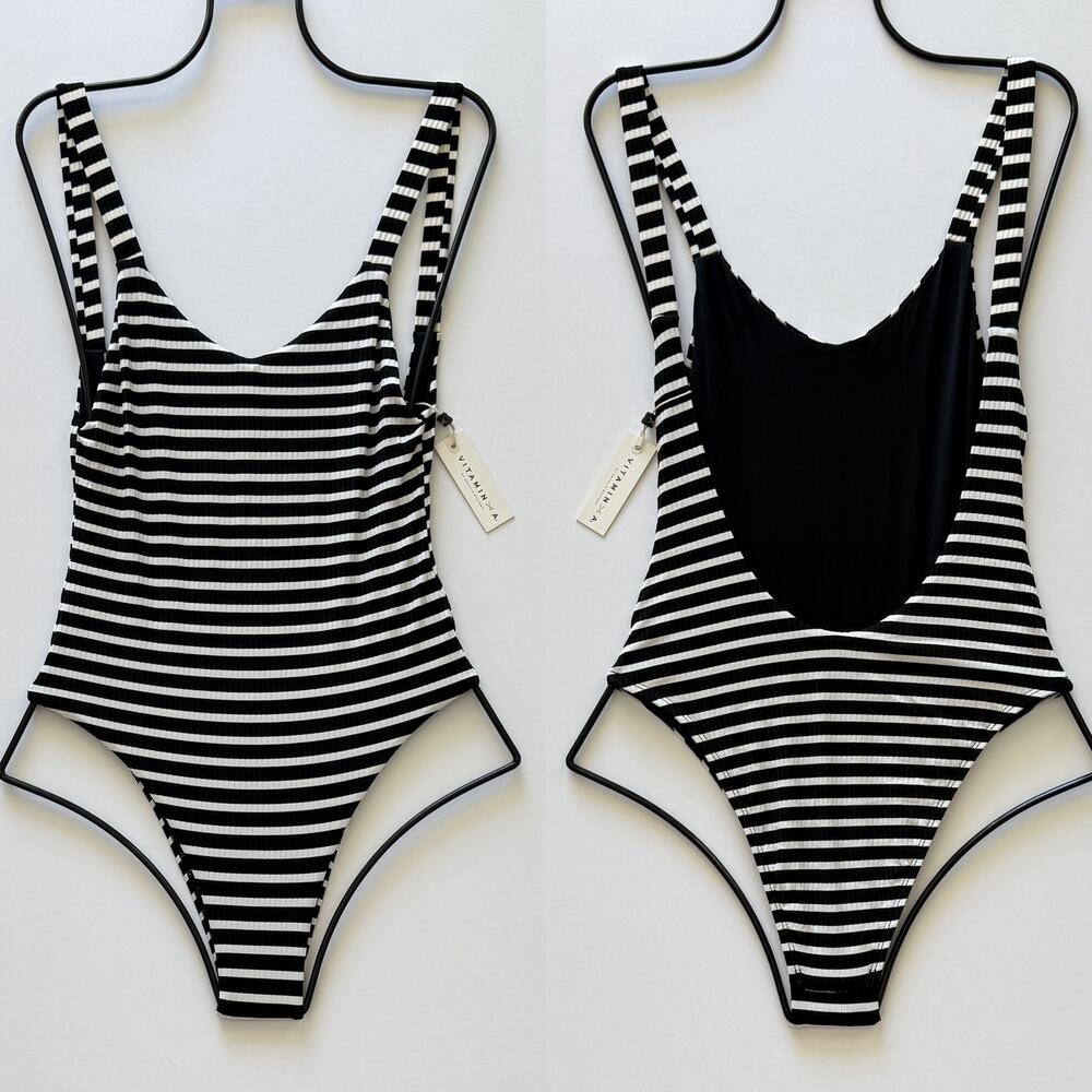 Vitamin A Swim Leah One Piece - High Cut - Marin Stripe Black Ribbed – NWT
